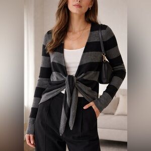 Philosophy by Dane Lewis 100% Cashmere Striped Tie-Front Cardigan Gray Black L